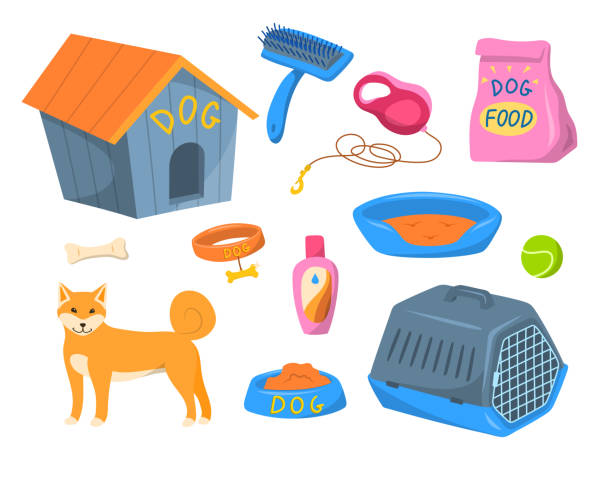 cartoon farbe hund liefert und ausrüstung set. vektor - grooming product stock-grafiken, -clipart, -cartoons und -symbole