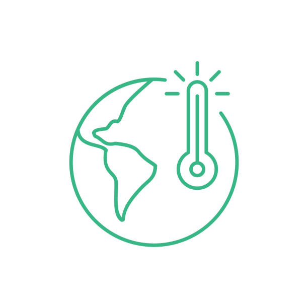 Climate change icon. Global warming sign. Simplified globe outline with thermometer. Greenhouse effect on planet. Earth's temperature measurement. Heat. Vector illustration, flat, clip art, thin line. climate change stock illustrations