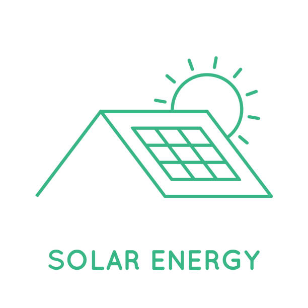 Solar energy icon. Roof with solar panel. Sun power generator. Renewable, sustainable resources. Green house with photovoltaic cells converting sunlight into electricity. Vector illustration, flat solar power station solar panel house solar energy stock illustrations