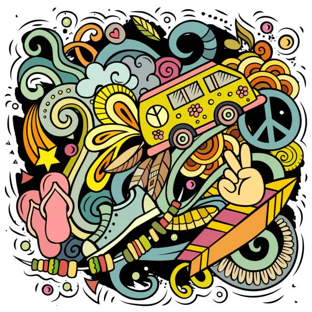 Vector illustration of Hippie hand drawn vector doodles illustration