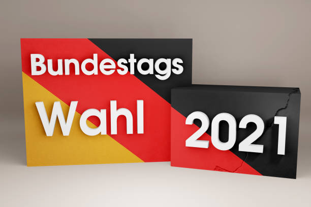 The word Bundestags Wahl (federal election) 2021 and the objects in a 3D concept. The surface of the objects is covered with the colors black, red, yellow of the German flag. 3D Render, 3D Illustration concept. your-vote-counts-button stock pictures, royalty-free photos & images