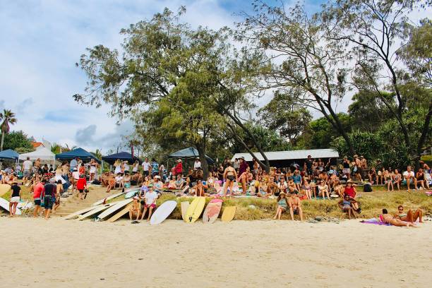 Surf Festival Onlookers Watching Surfing Competition stock photo