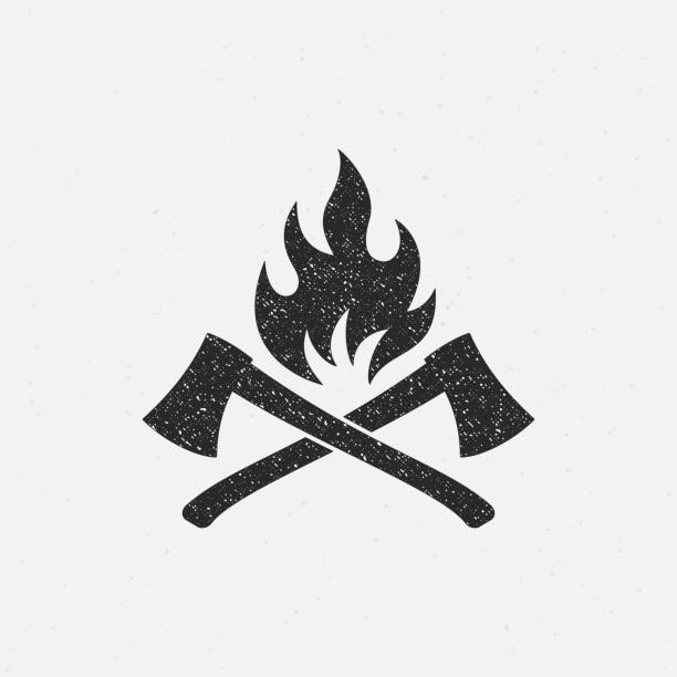 Black and white illustration of crossed axes, fire on a background with a texture. Vector illustration in vintage style with grunge texture for emblem, print, label, badge and sticker. flame patterns stock illustrations