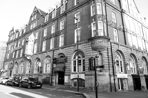Newcastle upon Tyne UK - 8th Jan 2020: Clarendon House: Clayton Street Beatdown Records shop exterior entrance in black and white