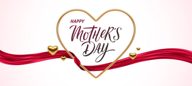 Mothers Day greeting card. Golden metal realistic 3d heart with calligraphy and red ribbon. Vector design with love symbol. Mothers Day greeting card. Golden metal realistic 3d heart with calligraphy and red ribbon. Vector design with love symbol. happy mothers day stock illustrations