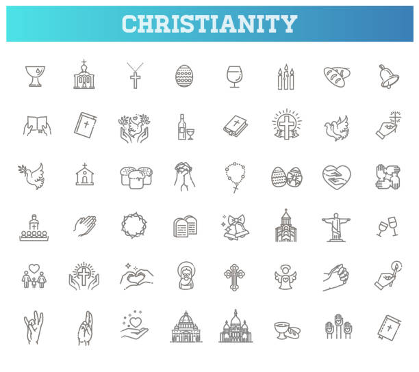 ilustraciones, imágenes clip art, dibujos animados e iconos de stock de símbolos vectoriales del cristianismo. establecer símbolos religión e icono de línea de iglesia - religious icon