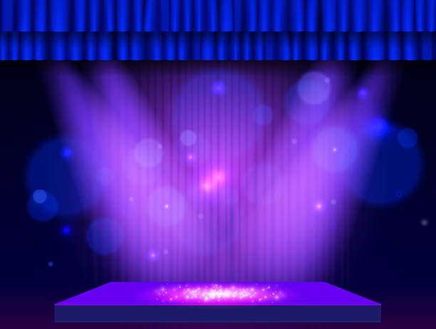 istock Background with blue curtain, podium and spotlights. Design for presentation, concert, show 1307568073