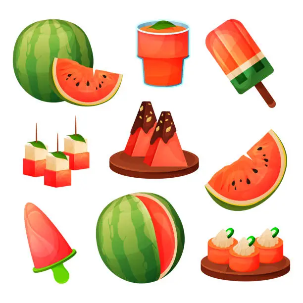 Vector illustration of Food from watermelon, fruit sweet products, drinks