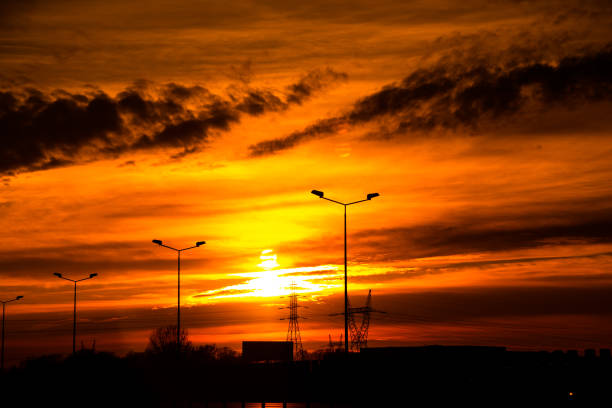 climatic sunset in winter in the capital of Poland, Warsaw