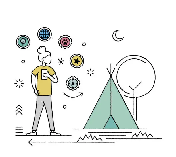 Vector illustration of Crayon Style Line Camping & Caravanning Character Illustration