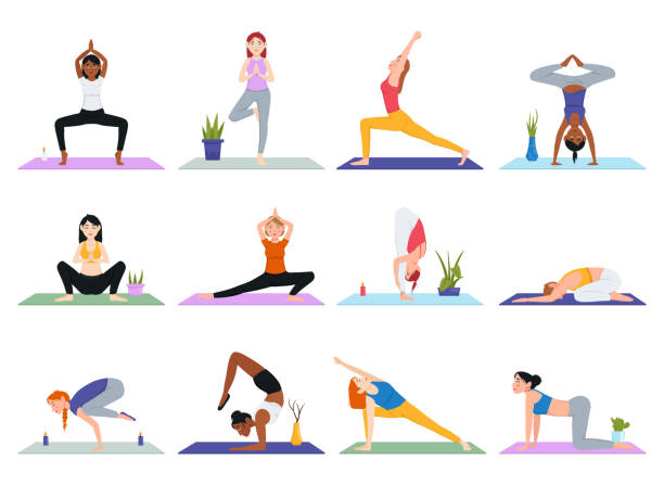 illustrazioni stock, clip art, cartoni animati e icone di tendenza di pose yoga - yoga
