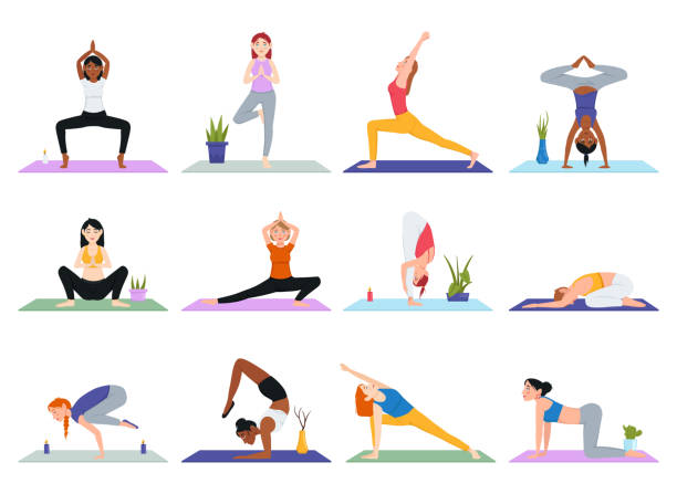 요가 포즈 - meditating practicing yoga body stock illustrations