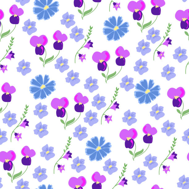 Seamless pattern of violets tricolor and bells Seamless pattern of violets tricolor and bluebells on a white background viola tricolor stock illustrations