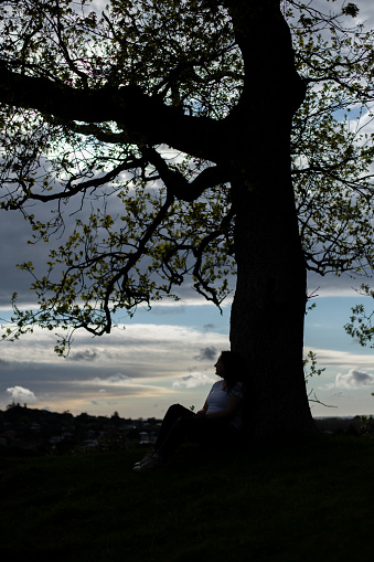 Silhouette portrait of a woman, sitting under a tree.