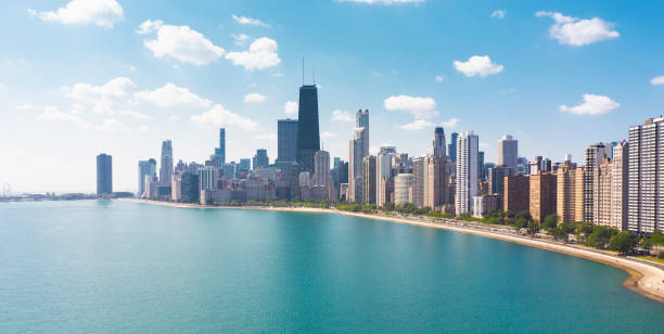 ノースショアドライブシカゴイリノイ州米国空中写真 - chicago skyline illinois downtown district ストックフォトと画像