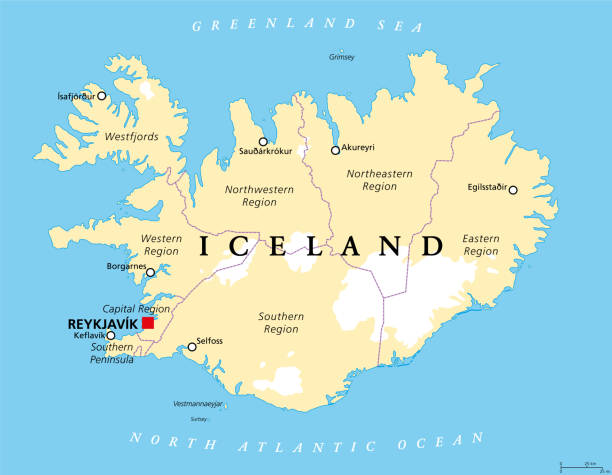illustrazioni stock, clip art, cartoni animati e icone di tendenza di regioni dell'islanda, paese insulre nordico, mappa politica - islande