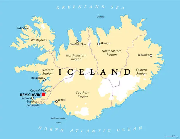 Vector illustration of Regions of Iceland, Nordic island country, political map