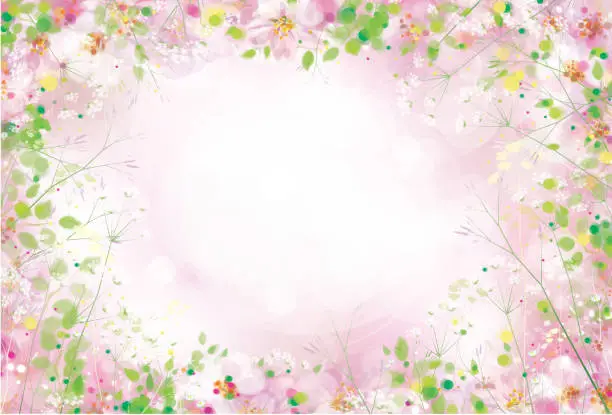 Vector illustration of Vector pink,  floral, bokeh background. Beutiful floral frame, flowers and plants.