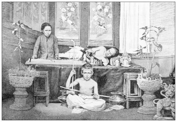 starožitná černobílá fotografie: čínské opiové doupě - miami fotky stock ilustrace