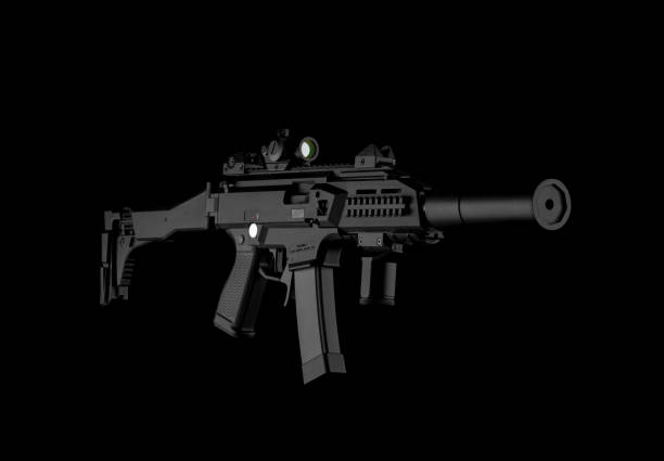 istock Modern automatic rifle isolated on black background. Weapons for police, special forces and the army. A carbine with optical, mechanical sights and a silencer on a dark background. 1307584696
