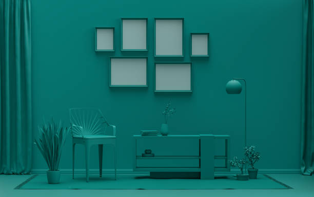 istock Poster frame background room in flat dark green color with 6 frames on the wall, solid monochrome background for gallery wall mockup, 3d rendering 1307588678