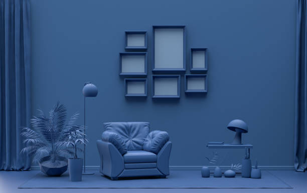 istock Mock-up poster gallery wall with 7 frames in solid pastel dark blue room with furnitures and plants, 3d Rendering 1307589468