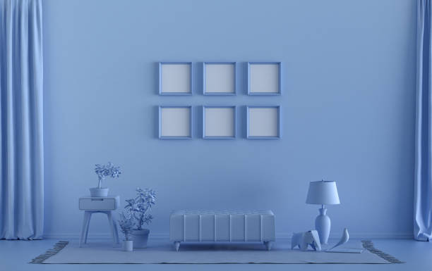 istock Mock-up poster gallery wall with six frames in solid pastel light blue room with furnitures and plants, 3d Rendering 1307589932