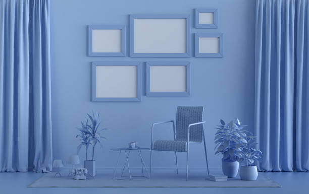 istock Wall mockup with six frames in solid flat  pastel light blue color, monochrome interior modern living room with furnitures and plants, 3d rendering 1307590081