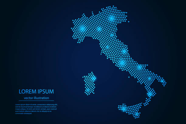 illustrazioni stock, clip art, cartoni animati e icone di tendenza di immagine astratta italia mappa da punto stelle blu e luminose su sfondo scuro - italianità