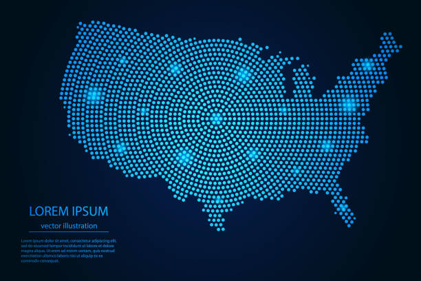 abstraktes bild vereinigte staaten von amerika karte von punkt blau und leuchtende sterne auf dunklem hintergrund - map usa three dimensional shape cartography stock-grafiken, -clipart, -cartoons und -symbole