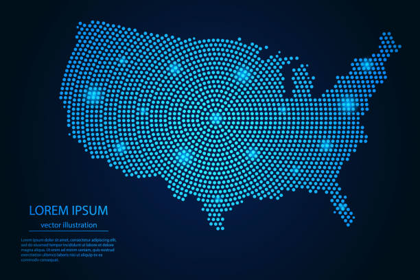 추상이미지 미국 지도: 포인트 블루와 빛나는 별의 어두운 배경 - map usa three dimensional shape cartography stock illustrations