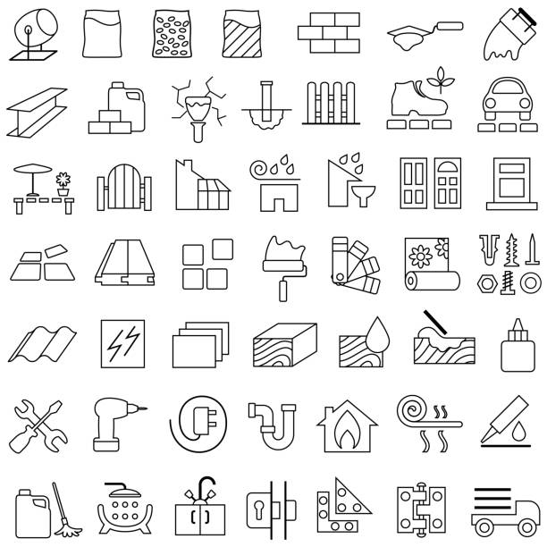 ilustrações de stock, clip art, desenhos animados e ícones de building, construction and renovation materials outline icons - roof repairing tile construction