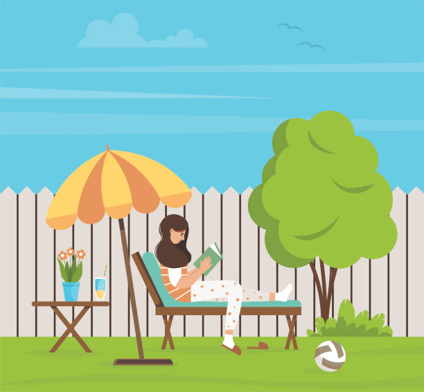 Young woman is reading a book on a deck chair. Female character is resting in the backyard. People spending leisure time outside in summertime. Summer weekend or vacation. Flat vector illustration. Young woman is reading a book on a deck chair. Female character is resting in the backyard. People spending leisure time outside in summertime. Summer weekend or vacation. Flat vector illustration. grass vector meadow spring stock illustrations