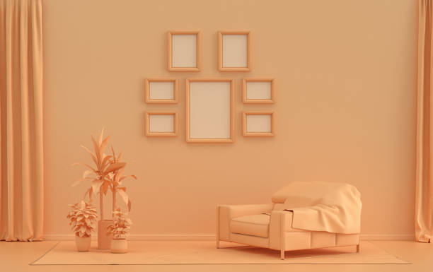 istock Mock-up poster gallery wall with six frames in solid pastel orange pinkish room with single chair and plants, 3d Rendering 1307591123