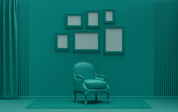 Wall mockup with six frames in solid flat  pastel dark green color, monochrome interior modern living room with single chair, without plant, 3d rendering, Gallery wall