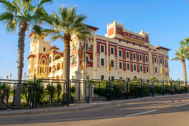 Beautiful view of Montaza Palace exterior in Montazah public park. Royal Gardens and palace in Egypt before the sunset. stock photo