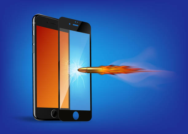 Shot a bullet in protective glass, a crack on glass. Vector screen protector film or glass cover isolated on grey background, mobile accessory. Realistic protective glass cover for phone screen concept - bullet breaks glass but mobile phone is intact, vector illustration. Place for your text. phone cover isolated stock illustrations