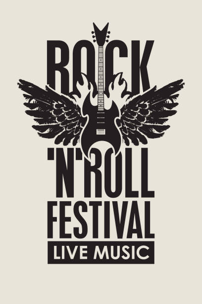 illustrazioni stock, clip art, cartoni animati e icone di tendenza di striscione musicale rock and roll con chitarra e ali - rock and roll