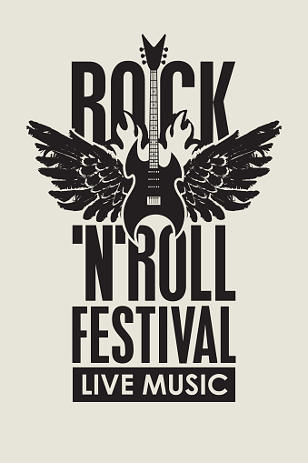 Vector poster or banner for a Rock 'n' roll festival of live music with an electric guitar and wings on fire. Cool print for t-shirt design or graffiti