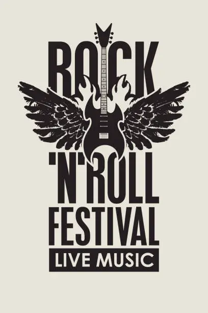 Vector illustration of rock and roll music banner with guitar and wings