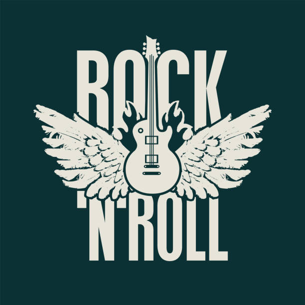 rock and roll music banner with guitar and wings Rock 'n' roll - vector banner, emblem, label, logo, design element. Creative lettering with electric guitar and wings on fire on a dark background. Cool print for t-shirt, tattoo or graffiti graphic t shirt stock illustrations