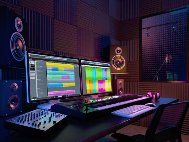 audio workplace,recording studio,computer music studio.3d rendering - digitally generated image audio equipment music recording studio imagens e fotografias de stock
