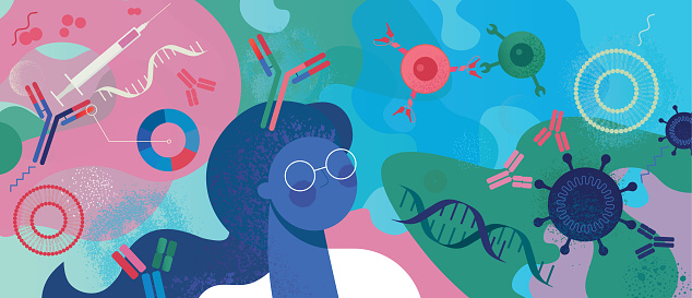 Abstract flat vector illustration including hand drawn grain effects showing concept of a women scientist developing mRNA vaccines.