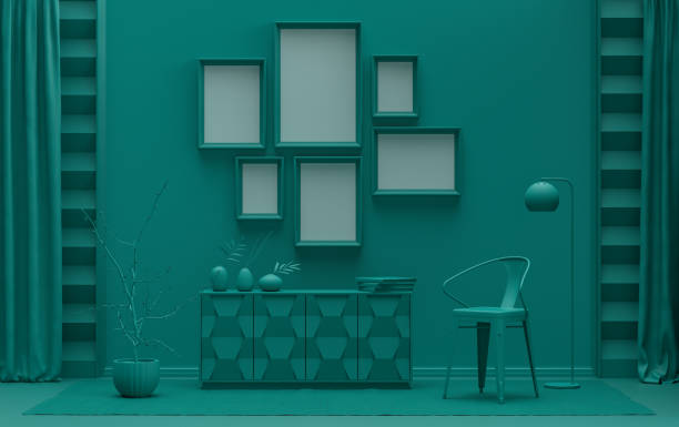 istock Poster frame background room in flat dark green color with 6 frames on the wall, solid monochrome background for gallery wall mockup, 3d rendering 1307594074