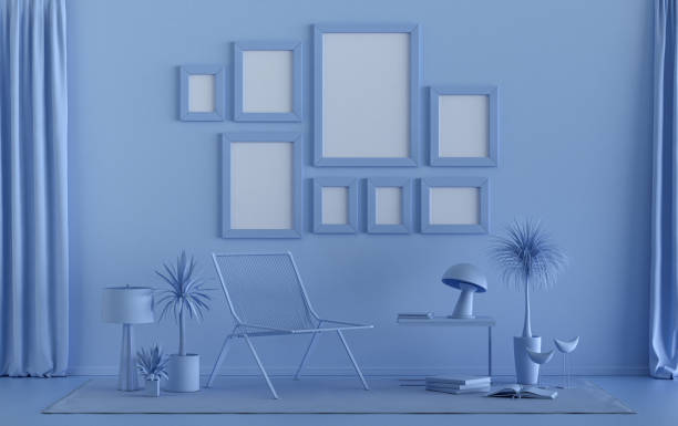 istock Minimalist living room interior in flat single pastel light blue color with 8 frames on the wall and furnitures and plants, in the room, 3d Rendering 1307594171
