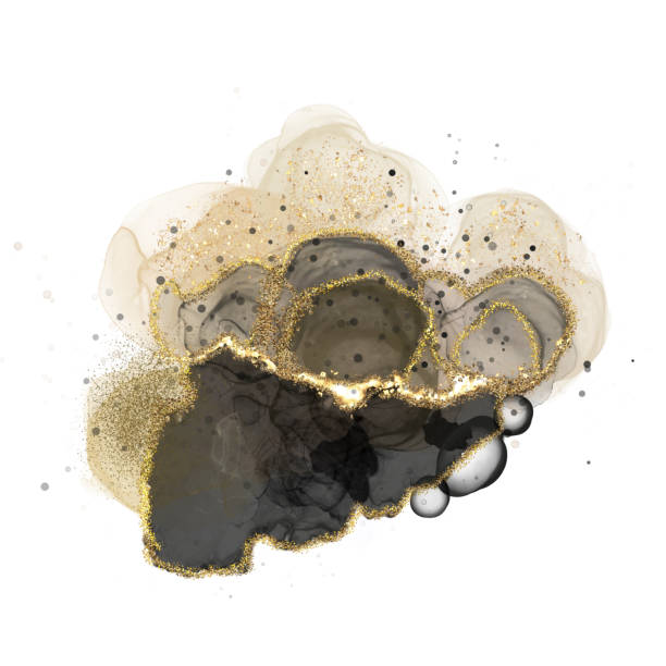 istock Swirls abstract luxury composition Inkscapes. Watercolour landscape, texture, marbling, Alcohol ink, Fluid chaos, art, kintsugi style and liquid marble and watercolor black and gold 1307594316