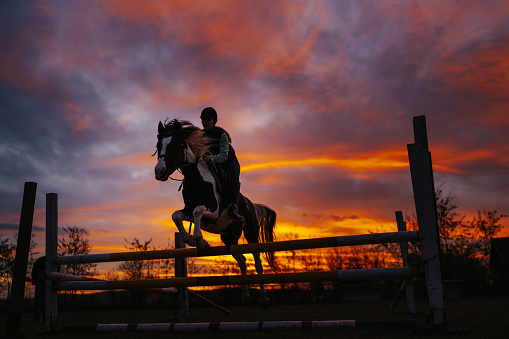 Young female jockey on horse leaping over hurdle outdoors with wonderful sunset in background