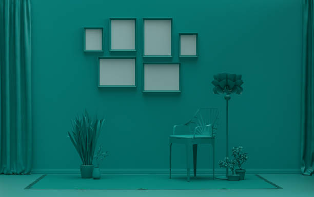 istock Poster frame background room in flat dark green color with 6 frames on the wall, solid monochrome background for gallery wall mockup, 3d rendering 1307595319