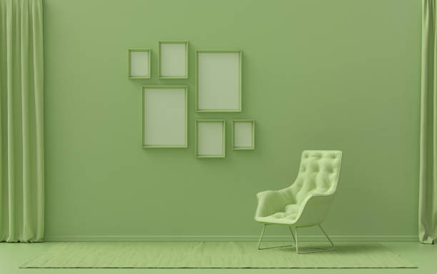 istock Wall mockup with six frames in solid flat  pastel light green color, monochrome interior modern living room with single chair, without plant, 3d rendering 1307595365