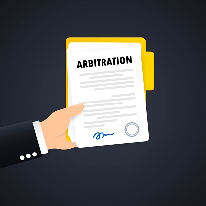 Arbitration agreement illustration. Legal resolution conflict. Vector on isolated background. EPS 10.